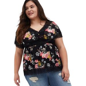 🌸NEW Torrid Black Floral Babydoll "Super Soft" Lace Trim Button-Front Top🌸